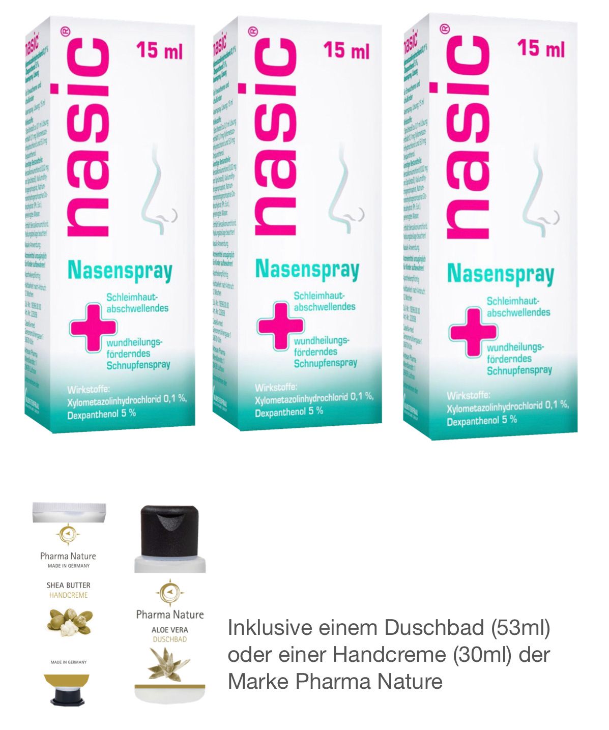 Nasic Nasenspray 3 x 15 ml Sparset inklusive Handcreme oder Duschbad von Pharma Nature